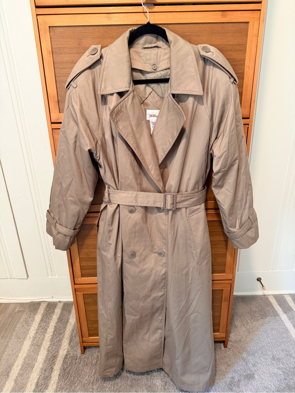 Women's Long Beige Trench Coat with Belted Waist
